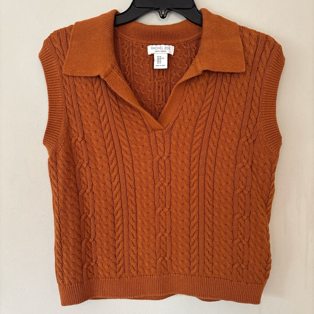 Rachel Zoe 100% Cotton Burnt Orange Cable Knit Polo Sweater Vest XL